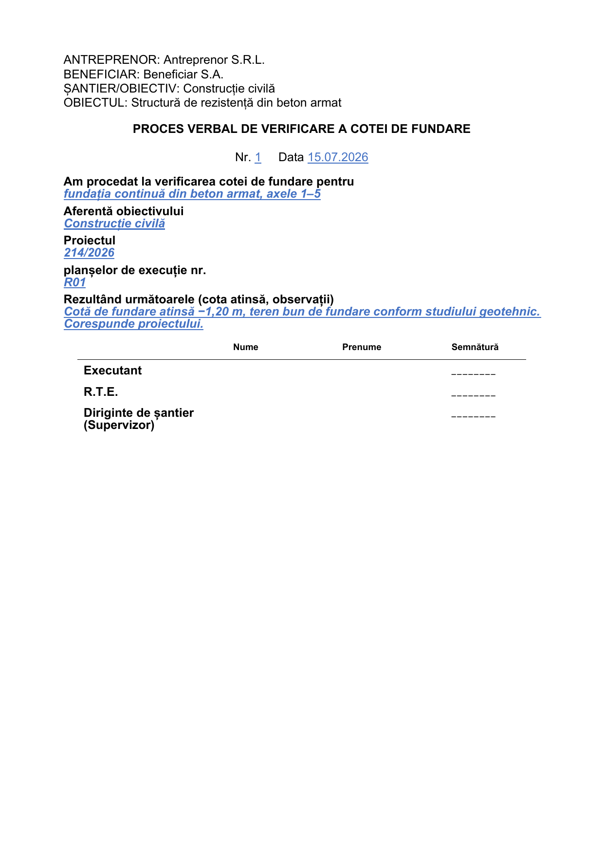 PV Verificare Cotă Fundare generat cu CTC-PRO